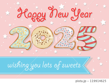 Delightful Donut-Themed New Year Greeting. The numbers are transformed into sweet donuts adorned with creamy swirls and nutty decorations. Background with confetti. A banner allows for custom text Delightful Donut-Themed New Year Greeting. The numbers are transformed into sweet donuts adorned with creamy swirls and nutty decorations. Background with confetti. A banner allows for custom text 119914625