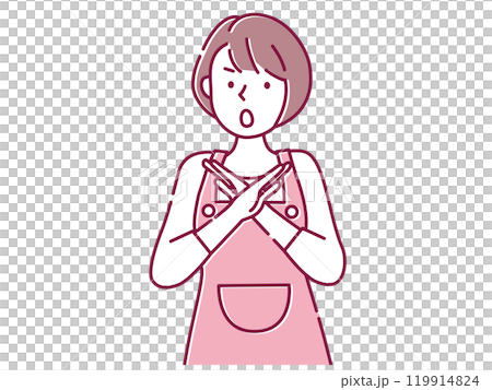 手でバツを作るエプロン姿の女性 手でバツを作るエプロン姿の女性 119914824
