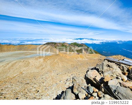 秋の御嶽山登山：剣ヶ峰から一ノ池・二ノ池方面の眺め 119915222