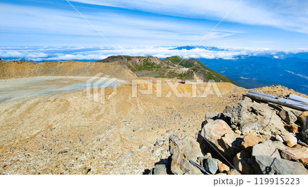 秋の御嶽山登山：剣ヶ峰から一ノ池・二ノ池方面の眺め 119915223