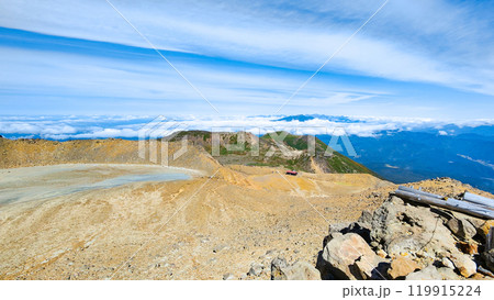 秋の御嶽山登山：剣ヶ峰から一ノ池・二ノ池方面の眺め 119915224