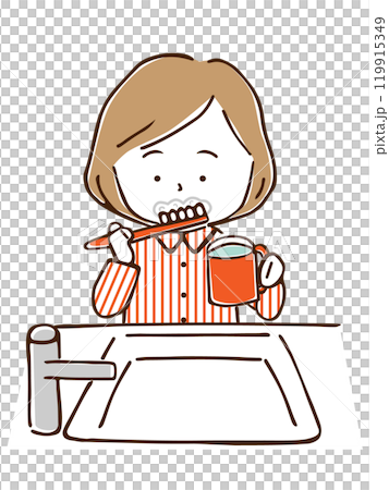 A woman in pajamas brushing her teeth 119915349