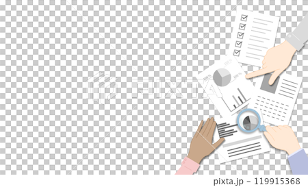 Illustration of various people's hands checking documents. Document color is gray. Right side version. 119915368