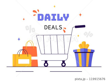 Daily Deals Vector Illustration Showcasing Various Shopping Items with Increasing Discounts to Ideal for Promotions, Sales, and E-Commerce Background Daily Deals Vector Illustration Showcasing Various Shopping Items with Increasing Discounts to Ideal for Promotions, Sales, and E-Commerce Background 119915676