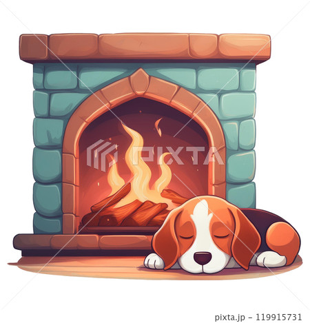 暖炉のそばで眠るビーグルのイラスト1／チラシやポスター用素材 119915731