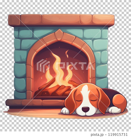 暖炉のそばで眠るビーグルのイラスト1／チラシやポスター用素材 119915731