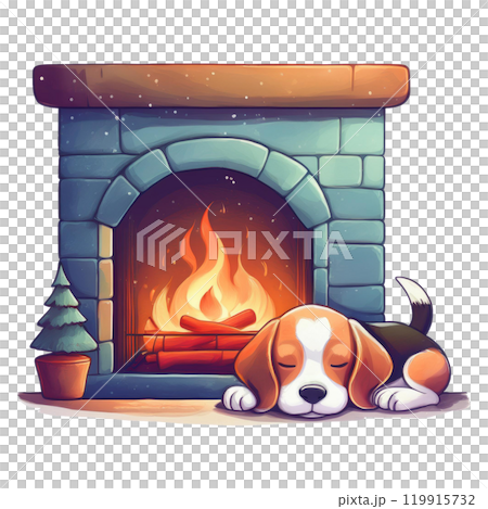 暖炉のそばで眠るビーグルのイラスト2／チラシやポスター用素材 119915732