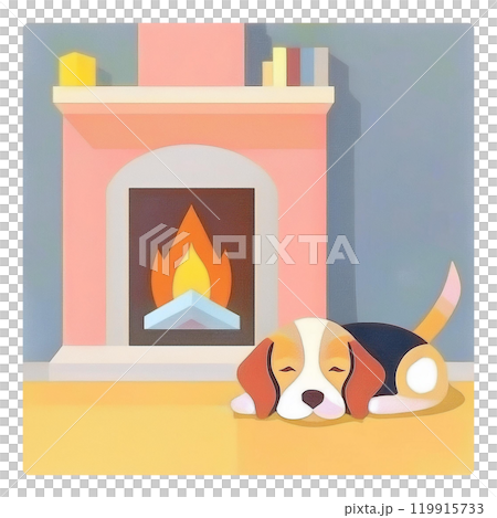 Illustration of a beagle sleeping by the fireplace 3 / Flyer or poster material Illustration of a beagle sleeping by the fireplace 3 / Flyer or poster material 119915733
