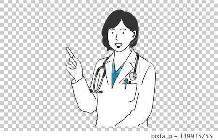 一個穿著白大褂的女人用手指指著的簡單插圖 119915755