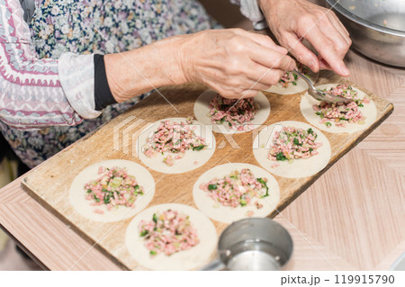餃子を作るシニア女性 餃子を作るシニア女性 119915790