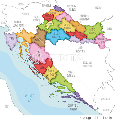 Vector illustrated regional map of Croatia with counties, capital city and administrative divisions, and neighbouring countries and territories. Editable and clearly labeled layers. 119915816