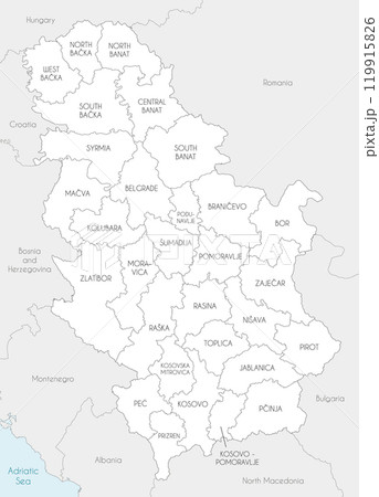 Vector regional map of Serbia with districts and administrative divisions, and neighbouring countries and territories. Editable and clearly labeled layers. 119915826
