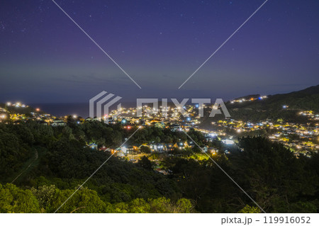 ニュージーランド　ウェリントンの夜景と夜空に広がるオーロラ 119916052