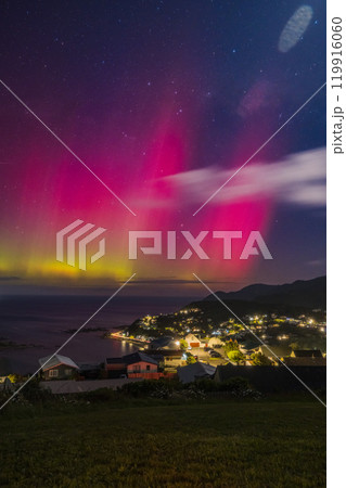 ニュージーランド　ウェリントンのアイランド・ベイの夜景と夜空に広がるオーロラ 119916060