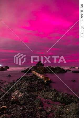 ニュージーランド　ウェリントンのレッド・ロックスのビーチと空に広がるオーロラ 119916130