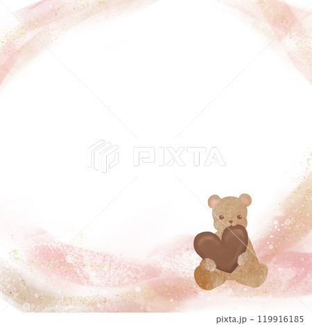 ハート型のチョコレートを持ったテディベアのフレーム。優しい色合いの可愛らしいイラスト。 ハート型のチョコレートを持ったテディベアのフレーム。優しい色合いの可愛らしいイラスト。 119916185
