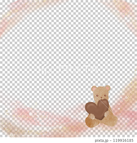 ハート型のチョコレートを持ったテディベアのフレーム。優しい色合いの可愛らしいイラスト。 ハート型のチョコレートを持ったテディベアのフレーム。優しい色合いの可愛らしいイラスト。 119916185