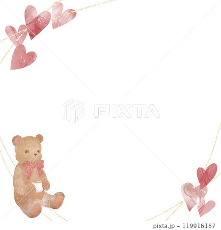 ホットチョコレートを飲むテディベアとハートのフレーム。愛情たっぷりの可愛らしいイラスト。 ホットチョコレートを飲むテディベアとハートのフレーム。愛情たっぷりの可愛らしいイラスト。 119916187