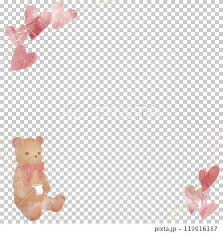 ホットチョコレートを飲むテディベアとハートのフレーム。愛情たっぷりの可愛らしいイラスト。 ホットチョコレートを飲むテディベアとハートのフレーム。愛情たっぷりの可愛らしいイラスト。 119916187