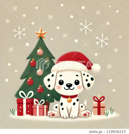 クリスマスツリーの横でプレゼントに囲まれて座るダルメシアン クリスマスツリーの横でプレゼントに囲まれて座るダルメシアン 119916223