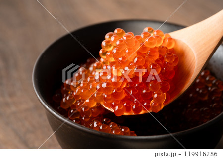 茶碗に盛ったいくらの醬油漬けのクローズアップ 茶碗に盛ったいくらの醬油漬けのクローズアップ 119916286