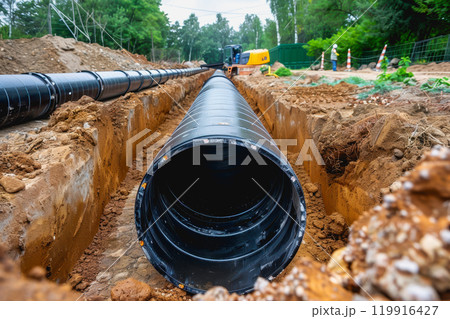 Construction site, PVC pipes for sewerage pipeline, plumbing materials for repair. 119916427
