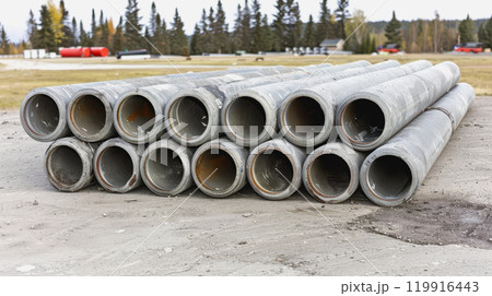 Construction site, PVC pipes for sewerage pipeline, plumbing materials for repair. 119916443