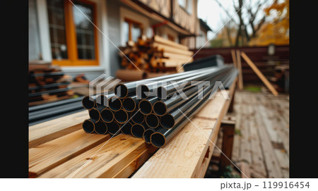 Construction site, PVC pipes for sewerage pipeline, plumbing materials for repair. Construction site, PVC pipes for sewerage pipeline, plumbing materials for repair. 119916454
