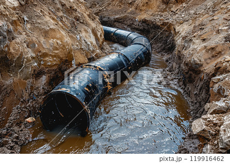 Construction site, PVC pipes for sewerage pipeline, plumbing materials for repair. 119916462