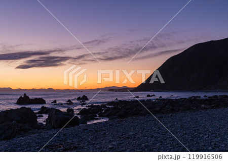 ニュージーランド　ウェリントンのレッド・ロックスのビーチと夕焼け空 119916506