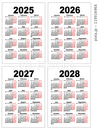 Set 2025, 2026, 2027, 2028 pocket calendar template vertical english new year grid isolated on white 119916968