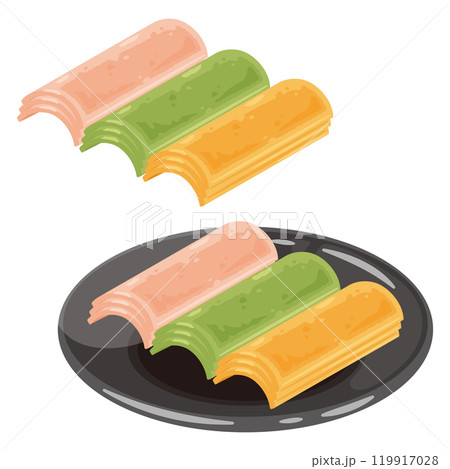 皿に盛られた三色の焼き八ツ橋セット 119917028