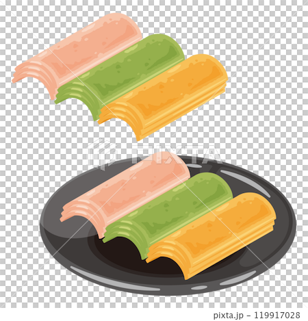 皿に盛られた三色の焼き八ツ橋セット 119917028