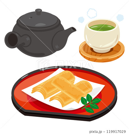 皿に盛られた焼き八ツ橋とお茶セット 119917029