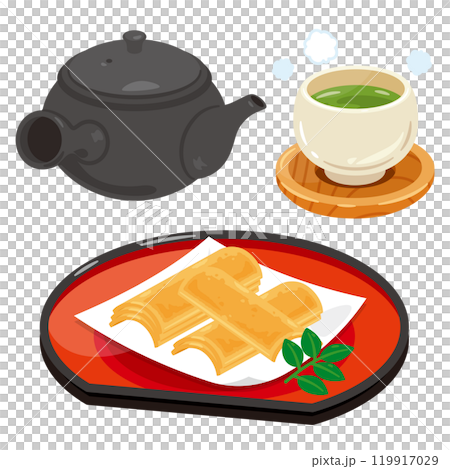 皿に盛られた焼き八ツ橋とお茶セット 119917029