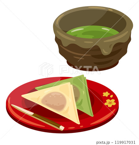 皿に盛られた生八ツ橋と抹茶セット　一部ぼかしあり 119917031