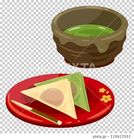 皿に盛られた生八ツ橋と抹茶セット　一部ぼかしあり 119917031