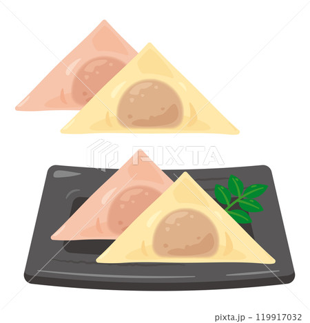 角皿に盛られた二色の生八ツ橋セット 一部ぼかしあり 角皿に盛られた二色の生八ツ橋セット 一部ぼかしあり 119917032