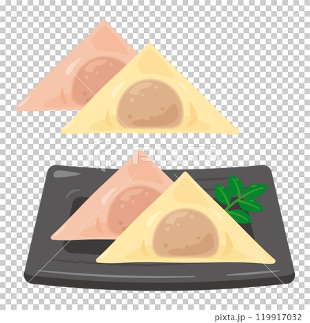 角皿に盛られた二色の生八ツ橋セット 一部ぼかしあり 角皿に盛られた二色の生八ツ橋セット 一部ぼかしあり 119917032