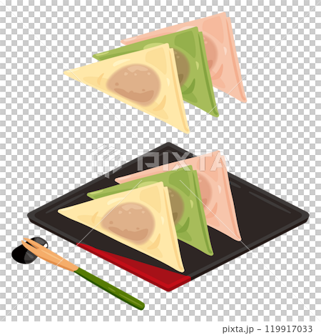 A set of three-colored fresh yatsuhashi on a square plate (some parts are blurred) 119917033