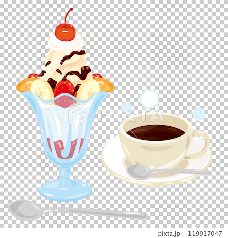 Strawberry banana parfait and coffee set at a coffee shop 119917047