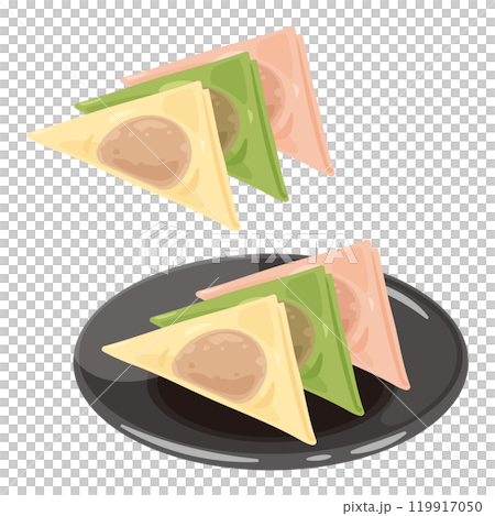 A set of three-colored fresh yatsuhashi on a plate 119917050