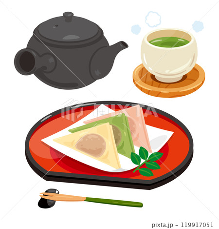 皿に盛られた三色の生八ツ橋とお茶セット 119917051