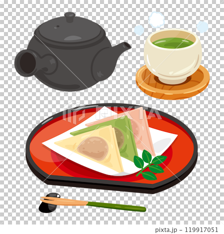 皿に盛られた三色の生八ツ橋とお茶セット 119917051