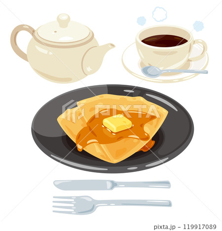 皿に盛られたメープルバタークレープとコーヒーセット 119917089