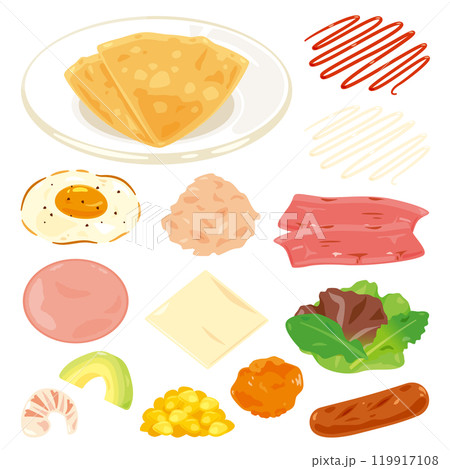 皿に盛られたクレープ生地とおかず系の具材セット 119917108