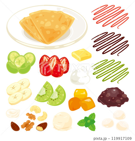 皿に盛られたクレープ生地とデザート系の具材セット 皿に盛られたクレープ生地とデザート系の具材セット 119917109