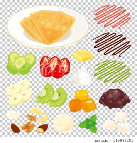 皿に盛られたクレープ生地とデザート系の具材セット 皿に盛られたクレープ生地とデザート系の具材セット 119917109