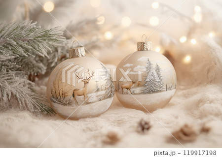 Vintage-style glass Christmas baubles hand-painted with intricate snowy landscapes 119917198