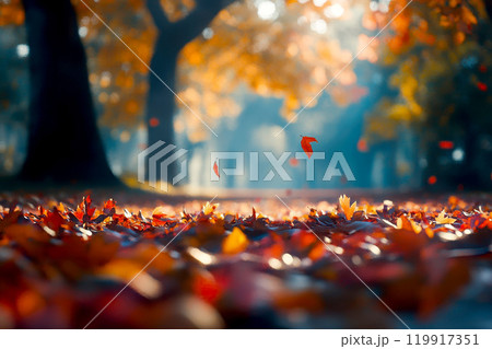 Enchanting autumn forest with golden leaves drifting gently to the ground sunlight streaming through the trees and casting a warm tranquil glow over the serene natural landscape 119917351